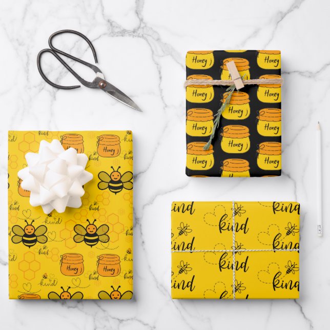 Honeybee Honeycomb Wrapping Paper Set of 3 (Front)