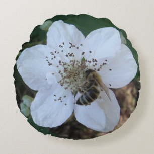 Honeybee on blackberry flower round cushion