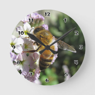 Honeybee on Heliotrope Round Wall Clock
