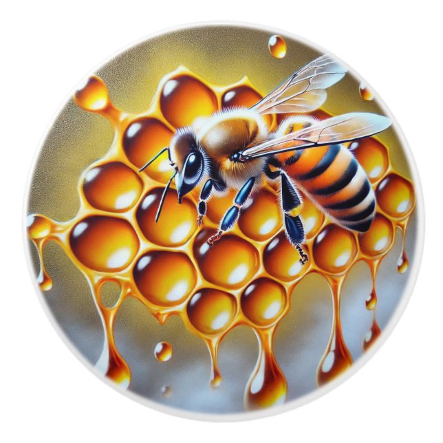 Honeybee on Honeycomb With Dripping Golden Honey Ceramic Knob (Front)