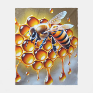 Honeybee on Honeycomb With Dripping Golden Honey Fleece Blanket