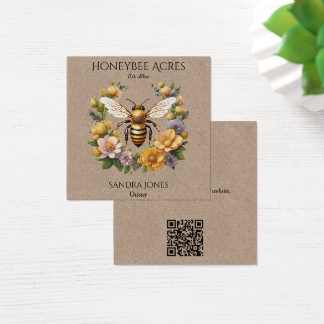 Honeybee on Kraft Paper w QR code Business Cards (Desk)