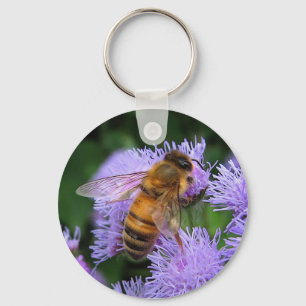 Honeybee on Purple Ageratum Flowers Keychain
