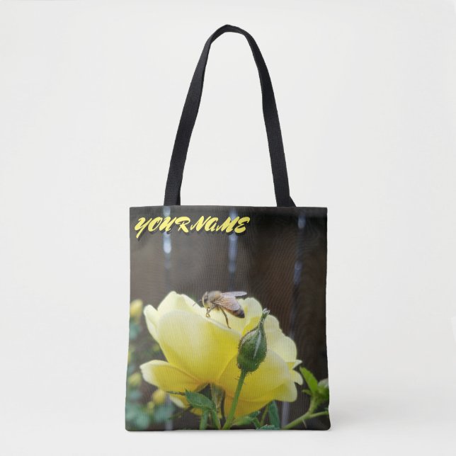 Honeybee on Yellow and Pink Flowers Tote Bag (Front)