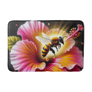 Honeybee Pollinating a Blooming Bright Hibiscus  Bath Mat