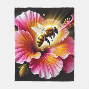 Honeybee Pollinating a Blooming Bright Hibiscus Fleece Blanket