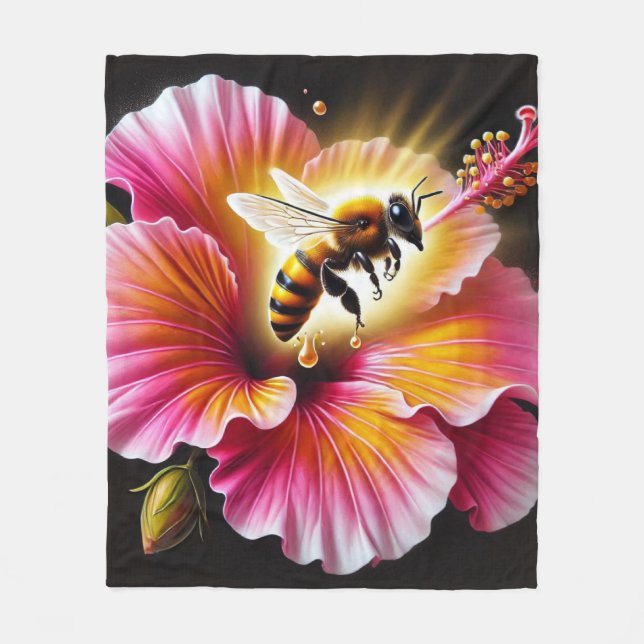 Honeybee Pollinating a Blooming Bright Hibiscus  Fleece Blanket (Front)