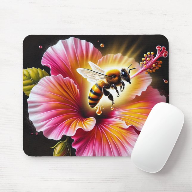 Honeybee Pollinating a Blooming Bright Hibiscus Mouse Mat (With Mouse)