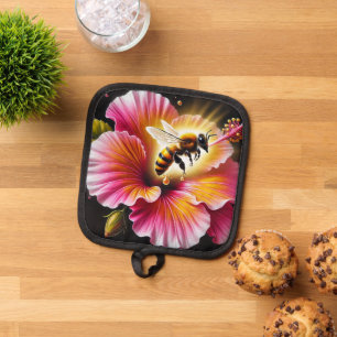 Honeybee Pollinating a Blooming Bright Hibiscus  Pot Holder