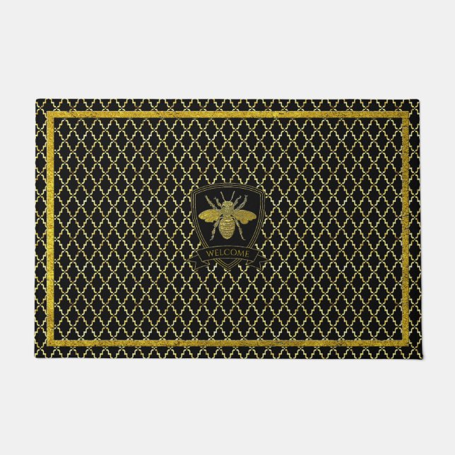 Honeybee Quatrefoil Your Text Doormat (Front)