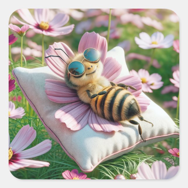 Honeybee Resting On a Pillow Square Sticker (Front)