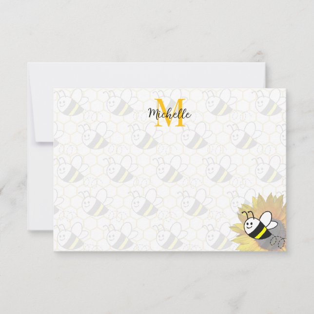 Honeybee Sunflower Drawing Custom Monogram Card (Front)