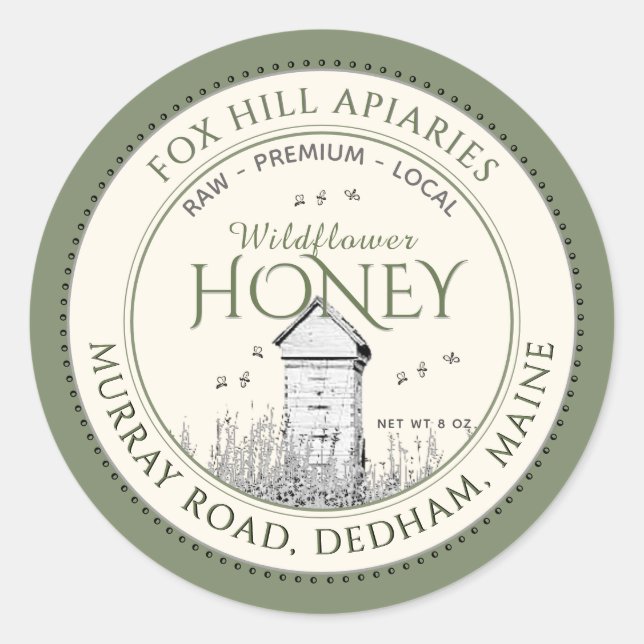 Honeybees and Hive Wildflower Honey Label Green (Front)
