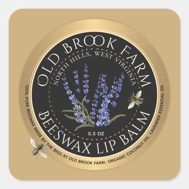Honeybees and Lavender Beeswax Lip Balm Gold Black Square Sticker (Front)