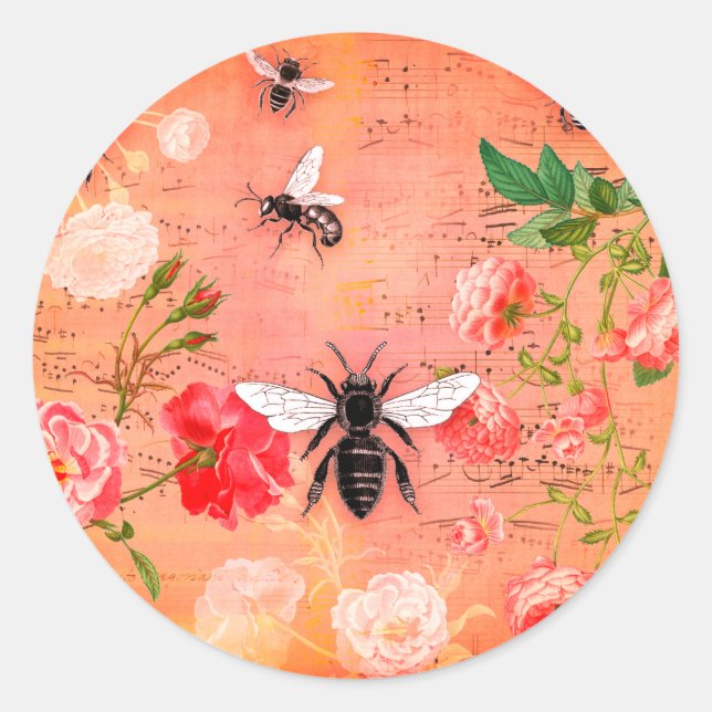 Honeybees Floral Ephemera Vintage Classic Round Sticker (Front)