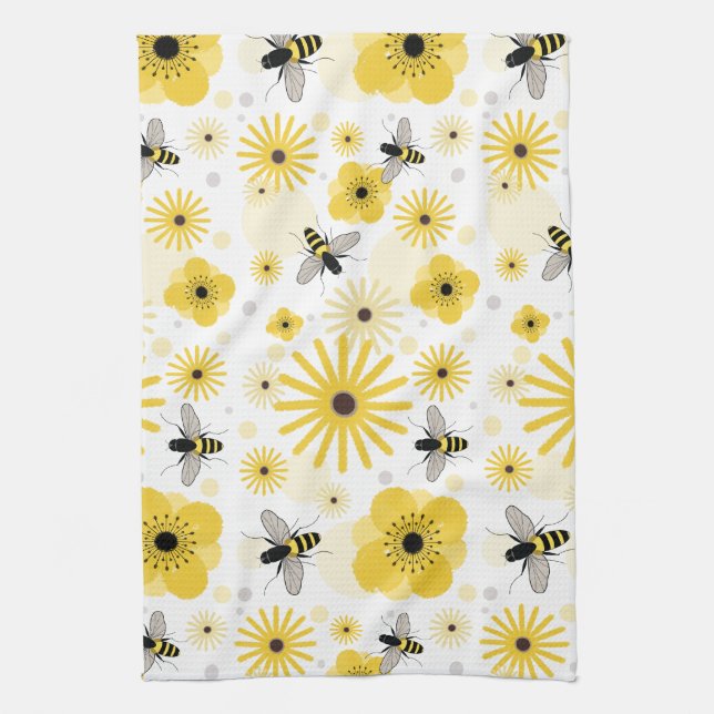 Honeybees Flowers & Polka Dots Kitchen Towel (Vertical)