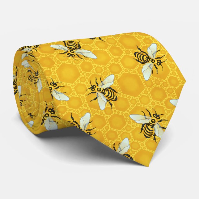 Honeybees Honeycomb Beehive Bee Pattern Insect Tie (Rolled)