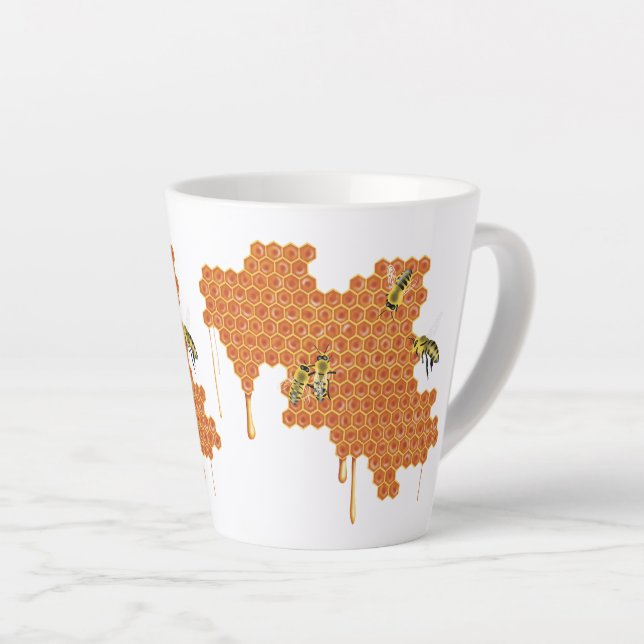Honeybees on Honeycomb, Dripping Honey, Bee Latte Mug (Right Angle)