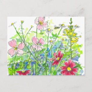 Honeybees Primrose Wildflower Garden Postcard