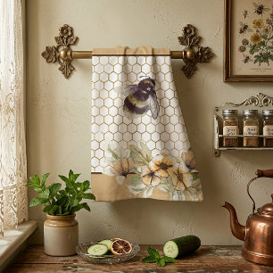 Honeycomb and bee floral tea towel