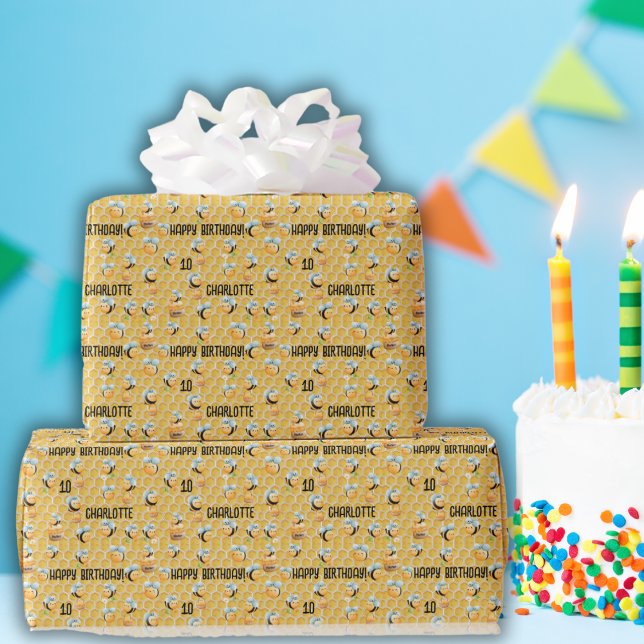 Honeycomb and Bees Custom Name and Age Birthday Wrapping Paper (Creator Uploaded)