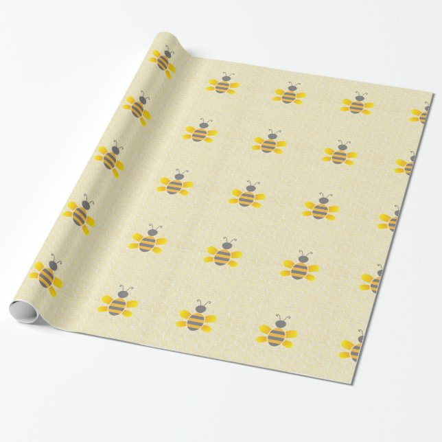 Honeycomb and Bumble Bee Yellow & Grey Gift Wrap (Unrolled)