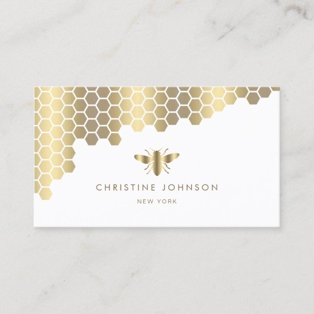 honeycomb and faux gold foil bee business card (Front)