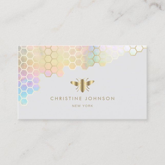 honeycomb and faux gold foil bee on grey business card (Front)