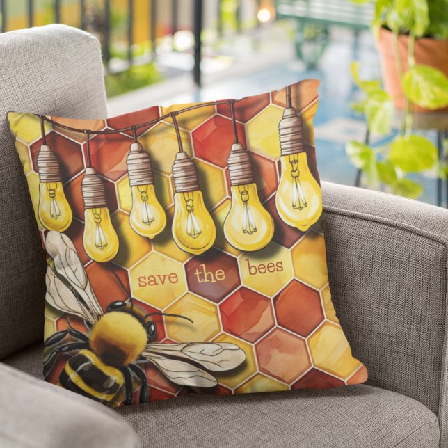 Honeycomb Bee and Garden String Lights Cushion (Save the bees bold honeycomb customizable throw pillow for home or garden. )