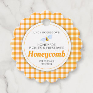 Honeycomb bee art honey orange gingham packaging favour tags