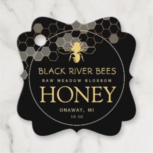 Honeycomb & Bee Fancy Honey Jar Neck Tag Black