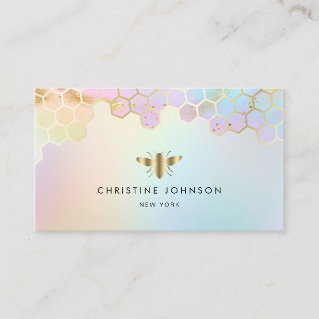 honeycomb bee logo on pastel colours gradients business card (Front)