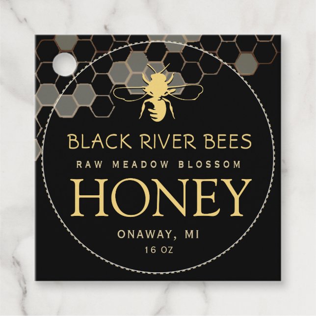 Honeycomb & Bee Raw Honey Jar Tag Black (Front)