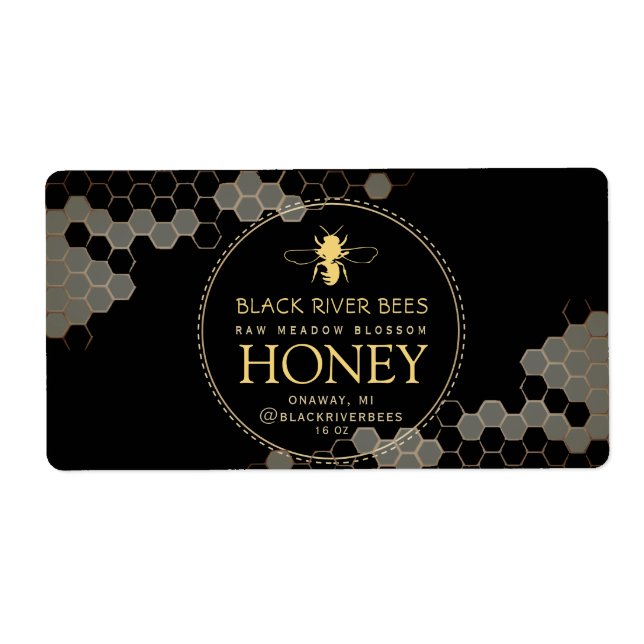 Honeycomb Bee Raw Honey Label Black Shipping Label (Front)