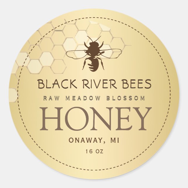 Honeycomb & Bee Raw Honey Label Gold Gradient (Front)