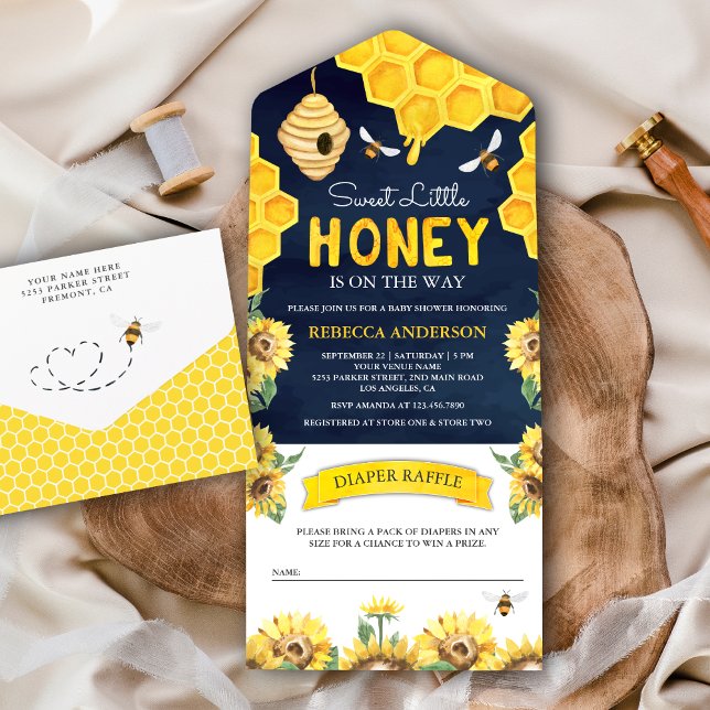 Honeycomb Beehive Honey Bee Navy Blue Baby Shower All In One Invitation (Creator Uploaded)