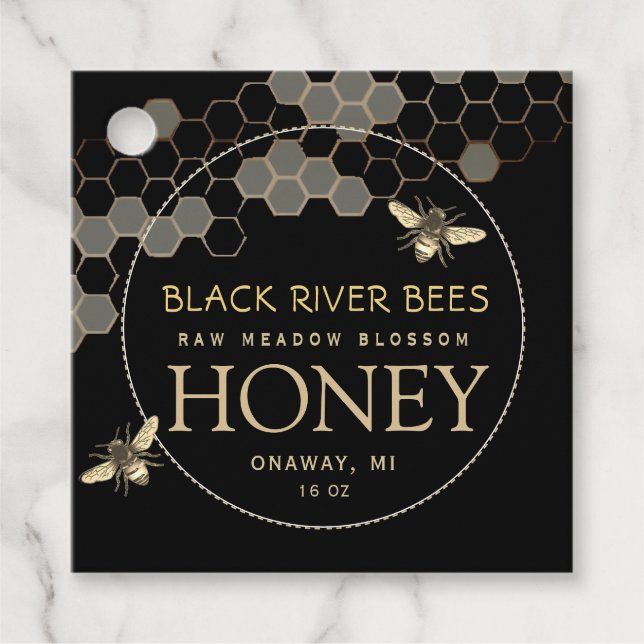 Honeycomb & Bees Honey Jar Neck Tag Black (Front)