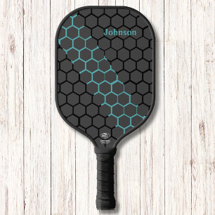 Honeycomb Blue and Black Modern Monogram Pickleball Paddle
