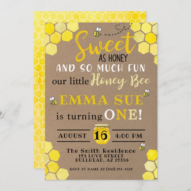 Honeycomb Bumble Bee 1st Birthday Invitation (Front/Back)