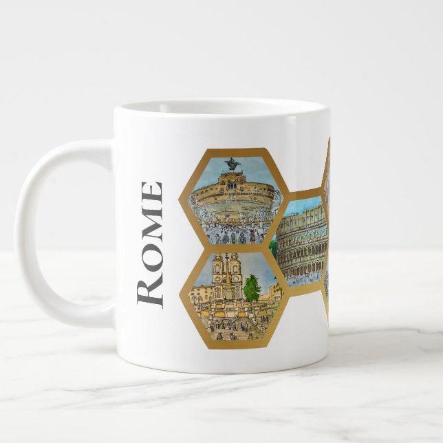 Honeycomb Collage pattern, Rome Italy Landmarks Large Coffee Mug (Left)