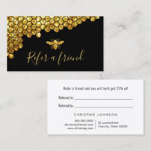 honeycomb faux gold glitter bee referral card