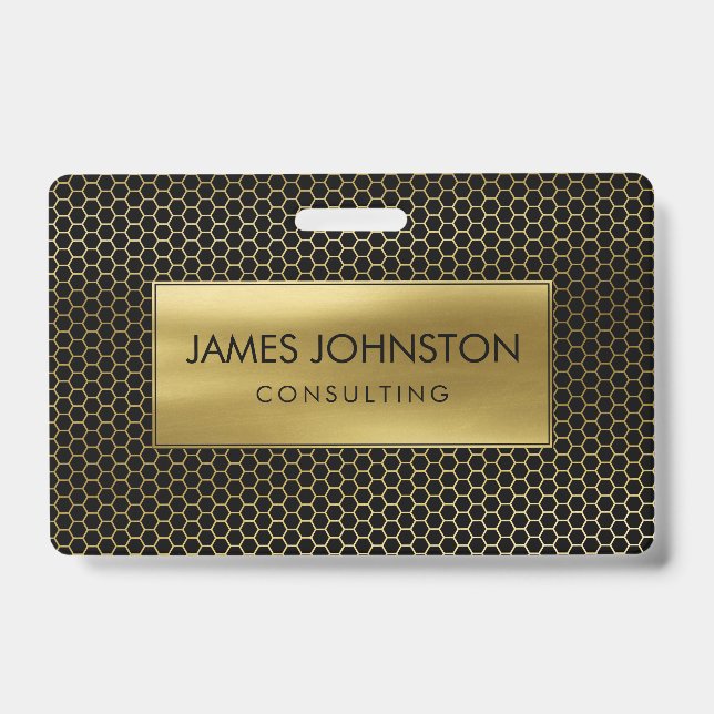 Honeycomb Geometrical pattern  Gold on Black ID Badge (Front)