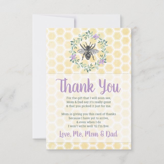 honeycomb girl mummy to bee theme flat baby shower thank you card (Front)