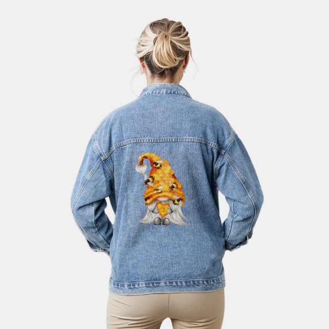 Honeycomb Hat Gnome with Bees Holding Honey Womens Denim Jacket (Model)
