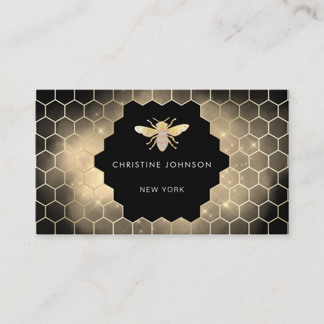 honeycomb hexagons jewel bee on black business card (Front)