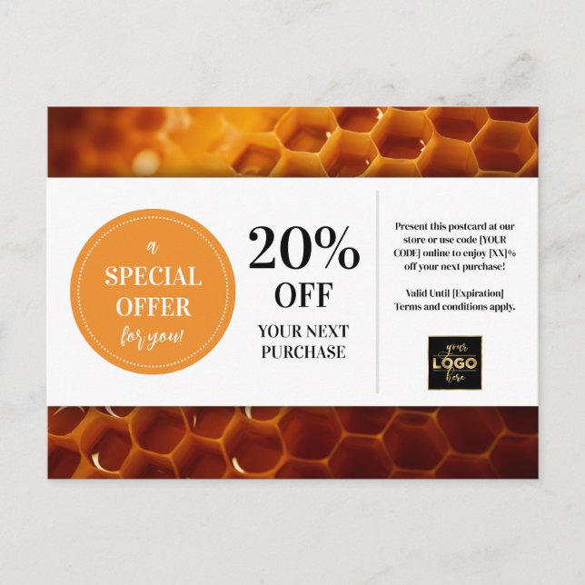 Honeycomb Honey Custom Coupon Discount Postcard (Front)