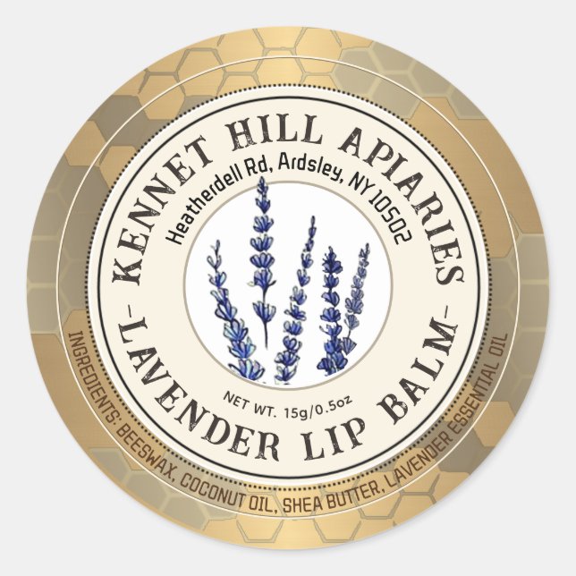 Honeycomb & Lavender Lip Balm Label Ivory Gold (Front)