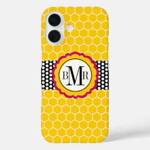 Honeycomb Pattern and Flower Monogram Personalised iPhone 16 Case