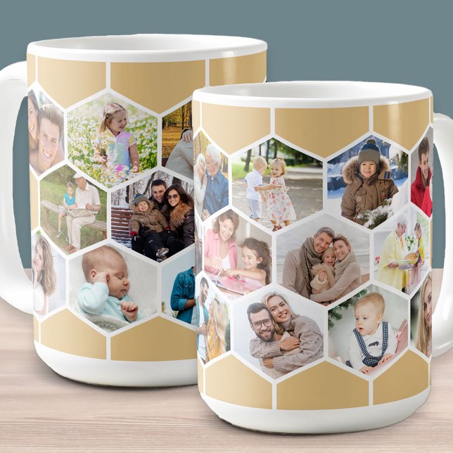 Honeycomb Photo Collage 17 Picture 15oz Coffee Mug (Honeycomb geometric hexagon shape photo mug with 17 pictures in honey beige)