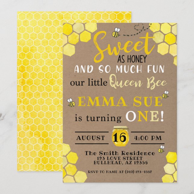 Honeycomb Queen Bee 1st Birthday Invitation (Front/Back)